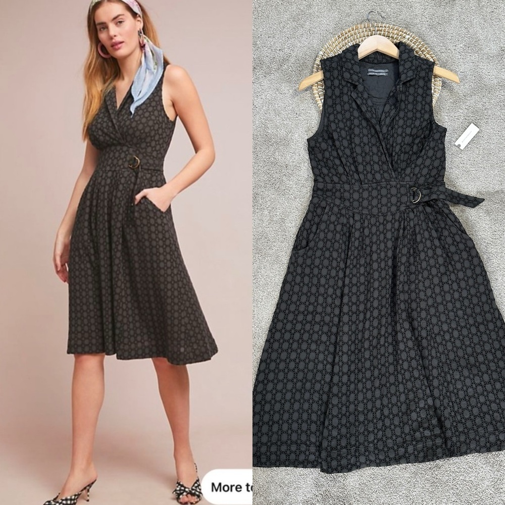 NWT Anthropologie Women’s Elm Collared Midi Dress Sleeveless Eyelet Charcoal 8